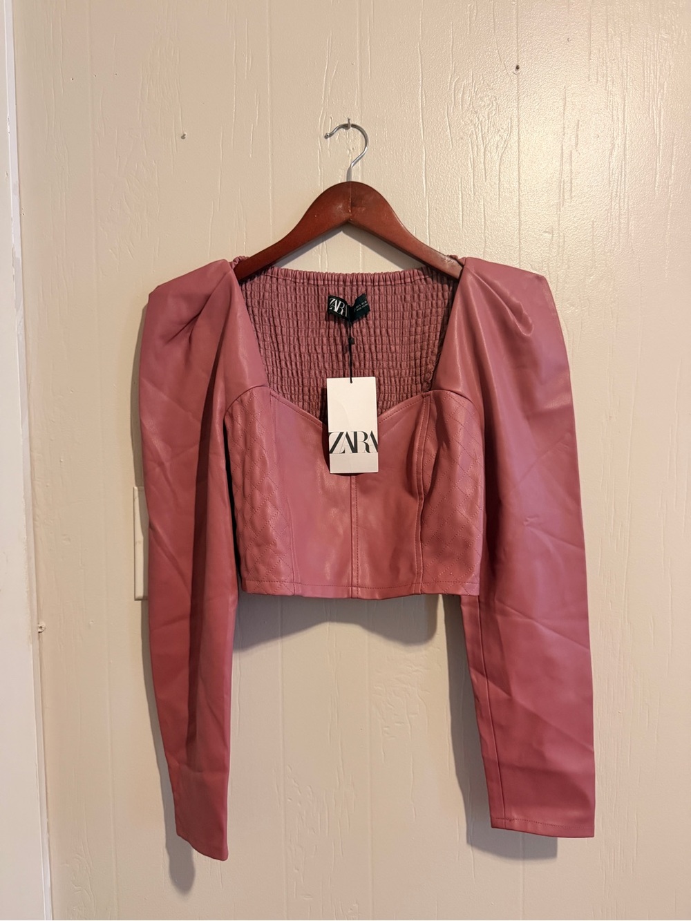 Zara Dusty Rose Faux Leather Puff-Sleeve Cropped Top